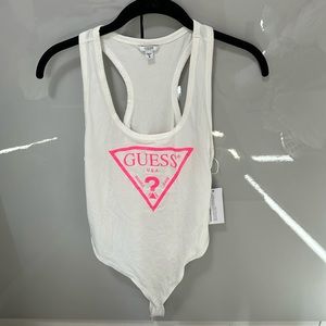 Guess White Racerback Bodysuit with Pink Logo